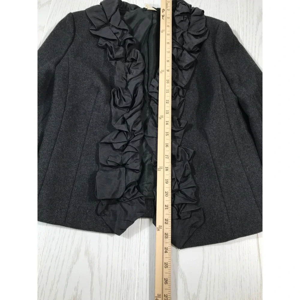 J Crew Wool Pea Coat Womens 4 Dark Gray Open Front Ruffle Silk Trim Preppy Y2K - Picture 4 of 9